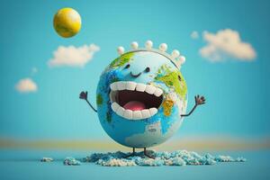 Cute earth character laughting on blue sky background, Happy Earth day, World laughter day. photo