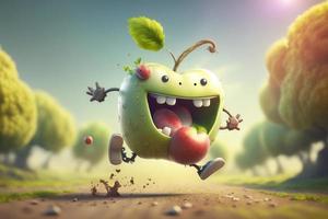 Joyful apple character laughting in fantasy world background. Created Generativa ai photo