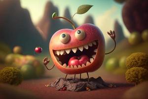 Joyful apple character laughting in fantasy world background. Created Generativa ai photo