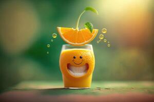 alegre vaso de naranja jugo personaje sonriente antecedentes. fresco naranja jugo. creado generativo ai foto