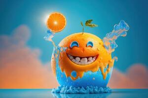 Cheerful Orange character smiling on green background. Created photo