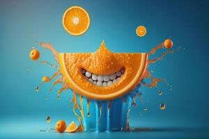 Cheerful Orange character smiling on green background. Created photo