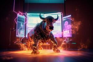 Fire sculpture of bull in front of computer screen, Bullish divergence in Stock market and Crypto currency. Created photo