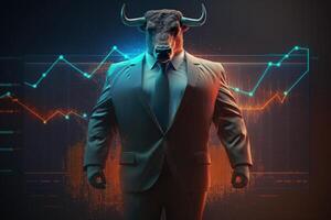 toro vistiendo traje trabajando con grafico en pantalla, alcista en valores mercado y cripto divisa. creado generativo ai foto