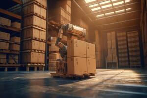 Automated robotic carrying box in warehouse, Distribution logistics center concept. Created photo