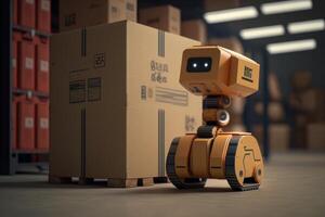 Smart Robotic observes and check in warehouse, Distribution logistics center concept. Created photo