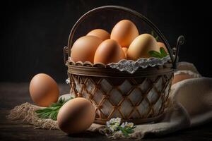 Chicken eggs in the basket background. photo