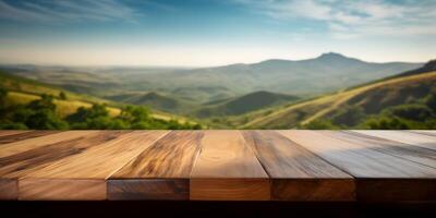 Empty wooden table on mountain background, Desk of free space for product display. Created photo