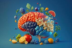 varios frutas formando un creativo cerebro, comiendo sano comida como nutrición a mejorar memoria y pensamiento. generativo ai foto