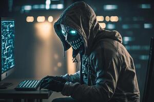 Hooded Hacker with mask using Laptop Break or Attack into Data server. Hacking, Coding or Malware concept. photo