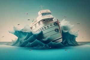 Realistic boat travelling over blue ocean, Gigantic mega yacht with ocean wave on pastel color background, Created with photo