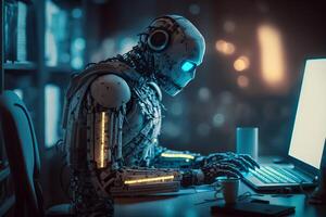 Ai Robot working with computer. Futuristic Humanoid worker. photo