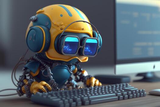 Cute Chatbot with glasses working with keyboard and computer. photo