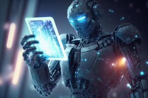 Ai Robot working using tablet. Futuristic Humanoid worker. photo