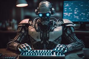 Ai Robot working with computer. Futuristic Humanoid worker. photo