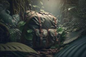 Realistic Backpack for tropical jungles travelling concept. Created with technology photo