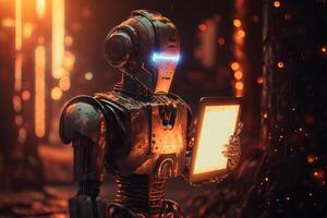 Ai Robot working using tablet. Futuristic Humanoid worker. photo