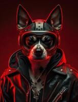 retrato de malo perros vistiendo chaqueta en rojo antecedentes. creado generativo ai foto