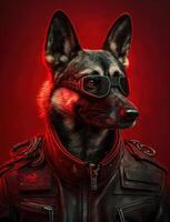 Portrait of bad dogs wearing jacket on red background. Created photo