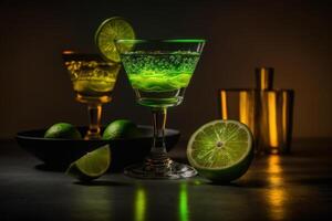 A glass of cocktail with glowing light background. Created photo