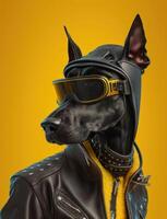 Portrait of bad dogs wearing jacket on yellow background. Created photo