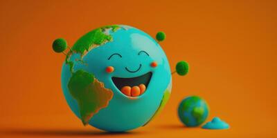 Cute Earth character laughting on orange background, Happy Earth day, World laughter day. photo