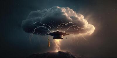 Graduation caps with thunder storm background, Graduation day Concept. photo