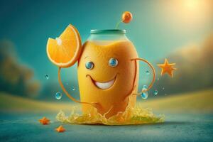 Cheerfull glass of Orange juice character smiling background. Freshy Orange juice. Created photo