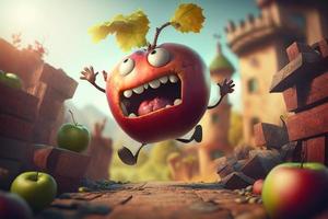 Joyful apple character laughting in fantasy world background. Created Generativa ai photo