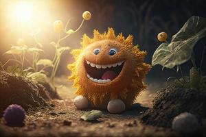 Joyful sun character laughting in fantasy world background. Created Generativa ai photo