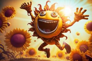 Joyful sun character laughting in fantasy world background. Created Generativa ai photo