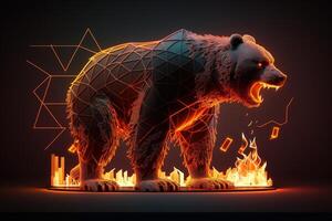 Fire sculpture of Bear, Bearish divergence in Stock market and Crypto currency. Created photo