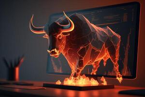 Fire sculpture of bull in front of computer screen, Bullish divergence in Stock market and Crypto currency. Created photo
