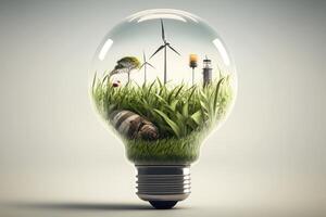 Light bulb with Wind turbine and green Grasses inside, Green and Sustainable energy concept. photo