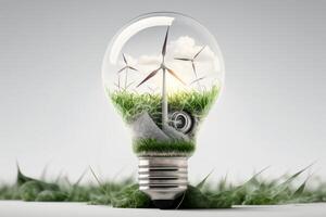 Light bulb with Wind turbine and green Grasses inside, Green and Sustainable energy concept. photo