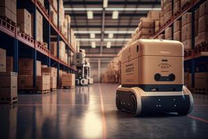 Automated robotics delivering cardboard Boxes in warehouse, Distribution logistics center concept. Created photo