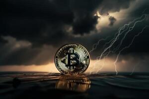 Bitcoin with thunder storm background, Crypto currency investment concept. photo