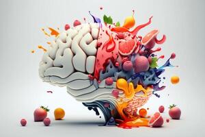 varios frutas formando un creativo cerebro, comiendo sano comida como nutrición a mejorar memoria y pensamiento. generativo ai foto