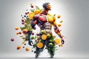 frutas formando un fuerte cuerpo, hombre posando muscular cuerpo constructor, comiendo dieta comida para digestión. generativo ai foto