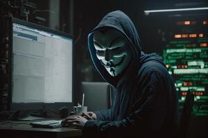 encapuchado hacker con máscara utilizando ordenador portátil descanso o ataque dentro datos servidor. hackear, codificación o malware concepto. generativo ai foto