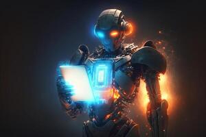 Ai Robot working using tablet. Futuristic Humanoid worker. photo