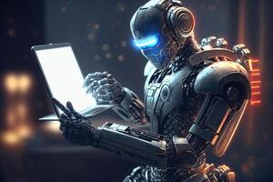 Ai Robot working using tablet. Futuristic Humanoid worker. photo