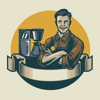 retro design barista posing with espresso machine background vector