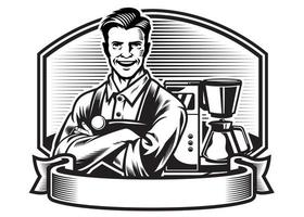 smiling barista with the espresso machine background vector