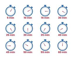 Temporizador reloj íconos conjunto desde 5 5 minutos a 60 60 minutos, cuenta regresiva Temporizador íconos vector para presentación y sitio web, cronometrador, cronógrafo conjunto íconos para mediciones y formación