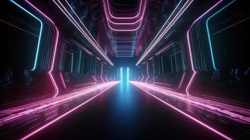 Abstract neon lights tunel background with pink and blue laser rays glowing lines 3d render. photo