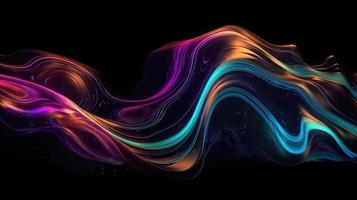 Abstract fluid 3d render holographic iridescent neon curved wave in motion dark background. photo