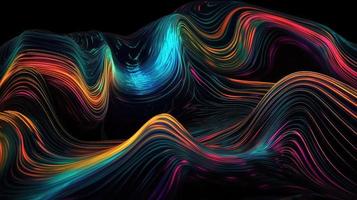 Abstract fluid 3d render holographic iridescent neon curved wave in motion dark background. photo