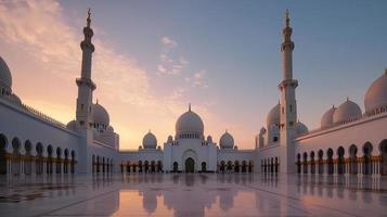 abu dhabi, eau, jeque zayed grandioso mezquita en el abu dhabi, unido árabe emiratos en un puesta de sol ver antecedentes. foto