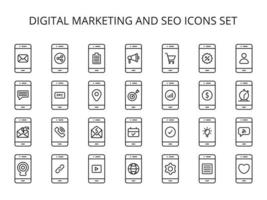 digital márketing icono colocar, teléfono inteligente, móvil teléfono, Teléfono móvil, comunicaciones, social medios de comunicación márketing icono colocar, seo iconos, contorno íconos con negro y blanco color para diseño elementos vector